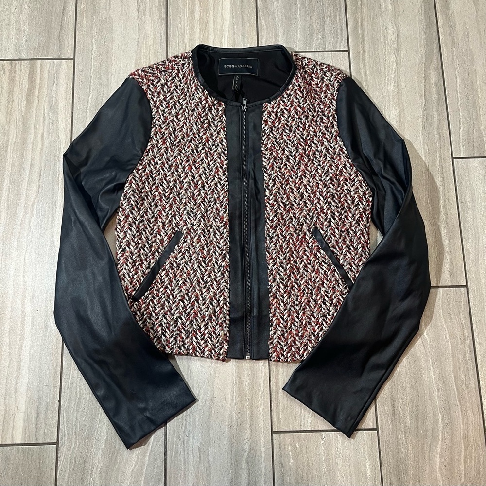 BCBGMAXAZRIA Womens Tweed Faux Leather Zip Up Jacket XS